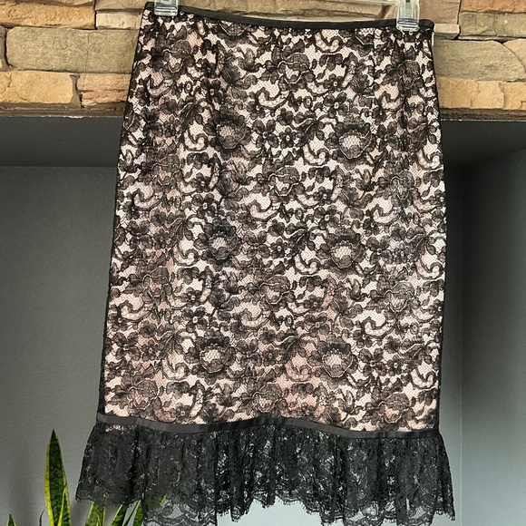 Escada Black Lace Pink Silk Pencil Skirt Coquette Romantic Party Holiday Glam 40 - Picture 1 of 11